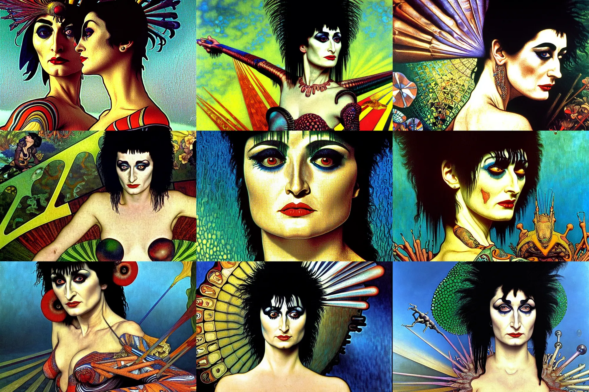 Prompt: realistic detailed closeup portrait movie shot of a siouxsie standing on a giant checkerboard by jean deville, denis villeneuve, amano, yves tanguy, ernst haeckel, alphonse mucha, max ernst, caravaggio, roger dean, masterpiece, rich moody colours