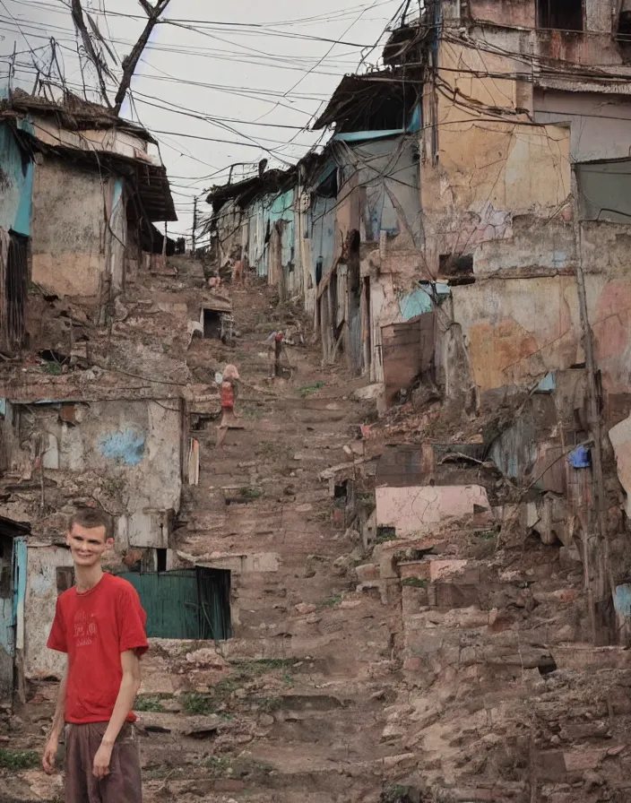 Prompt: vintage color photo of vitalik buterin, terracotta sculpture in the middle of a poor brazilian favela street, image by werner herzog