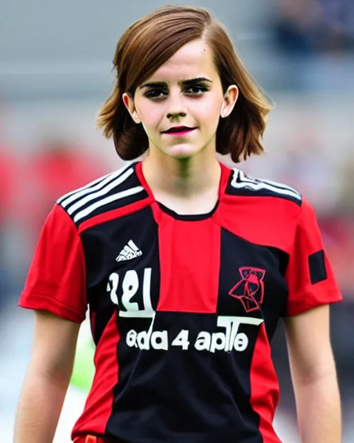 Image similar to a portrait of emma watson as a lokomotiv football player, hyper realistic