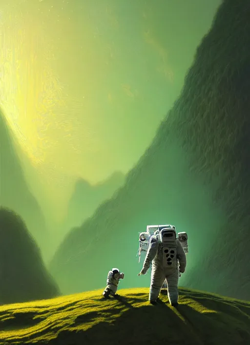 Image similar to extremely detailed, astronaut, lush planet, soft light, jade green, golden glow, diffuse lighting, fantasy, intricate, surrealism!!!!, highly detailed, lifelike, photorealistic, digital painting, artstation, illustration, concept art, smooth, sharp focus, by greg rutkowski, chris tulloch mccabe, valentina remenar and asher duran,