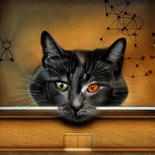 Image similar to Schrodinger's cat performing science experiments in a lab, digital art, high resolution