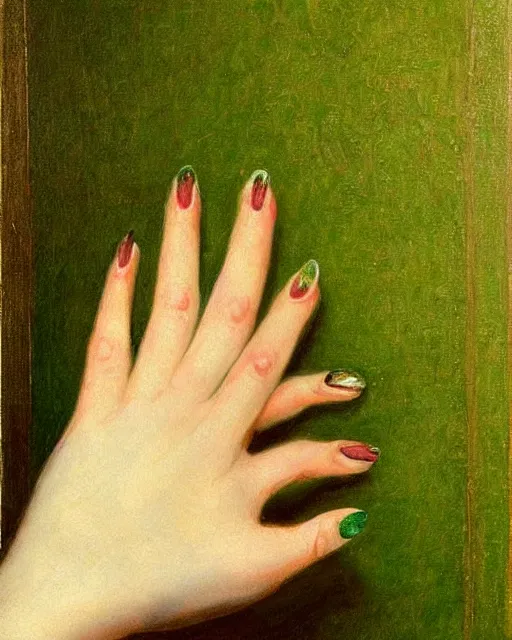 Prompt: by 1 9 th century famous painter, hands, nail polish, realism, realistic, oil painting, green wallpaper background