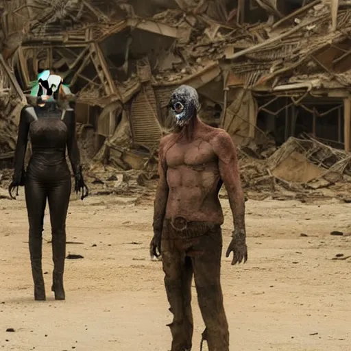 Image similar to a very huge, very big masked mutant man standing next to a small blonde woman, they are staring at the horizon where there are the ruins of a city, postapocalyptic, mad max style, award winning photograph, photo