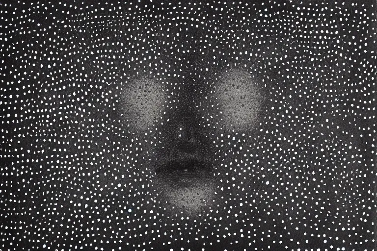 Image similar to face made out of planet, faceless people dark, dots, drip, stipple, pointillism, technical, abstract, minimal, style of francis bacon, asymmetry, pulled apart, cloak, hooded figure, made of dots, abstract, balaclava