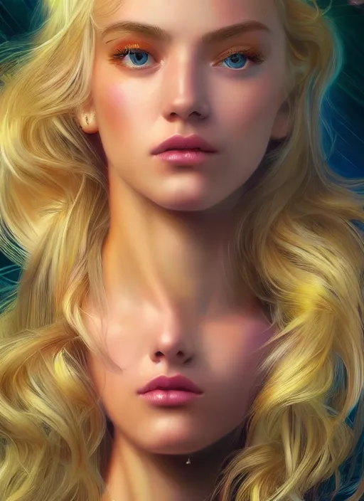 Prompt: beautiful blonde, young woman, detailed gorgeous face, vaporwave aesthetic, synthwave, colorful, psychedelic, artstation, concept art, smooth, extremely sharp detail, finely tuned detail, ultra high definition, 8 k, unreal engine 5, ultra sharp focus, illustration, art by artgerm and greg rutkowski and alphonse mucha