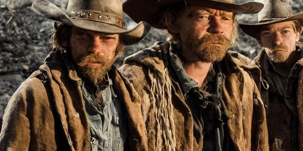 Prompt: close up of rugged bandit cialien murphy ( ( alone ) ) in the old west, handcuffed by shackles at a campfire and young thomas brodie - sangster ( ( alone ) ), violently fist fighting, volumetric lighting, cinematic, dark, grim, unforgiven