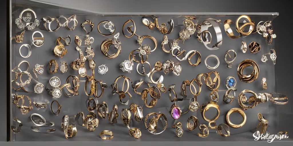 Prompt: maximalist style collection of rings in a display cabinet, product shot, studio lighting, contemporary design