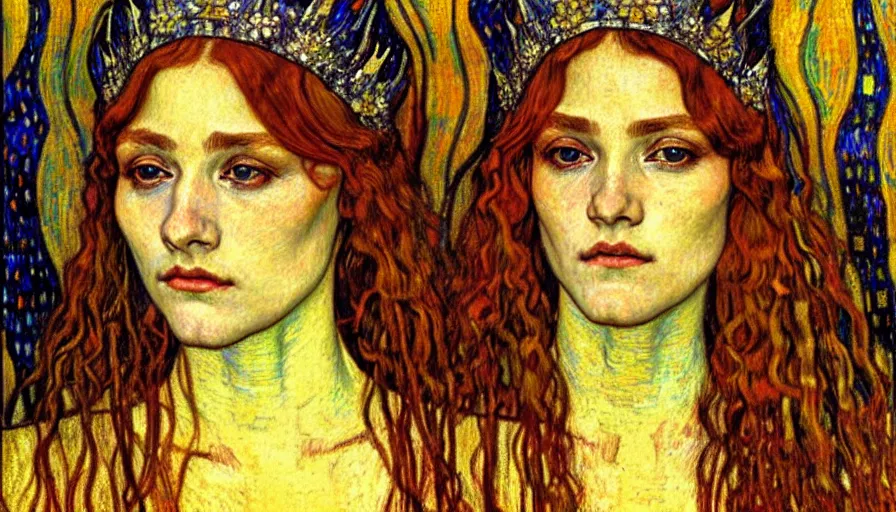 Image similar to detailed realistic beautiful young medieval queen face portrait by jean delville, gustav klimt and vincent van gogh, art nouveau, symbolist, visionary, gothic, pre - raphaelite, muted earthy colors, desaturated