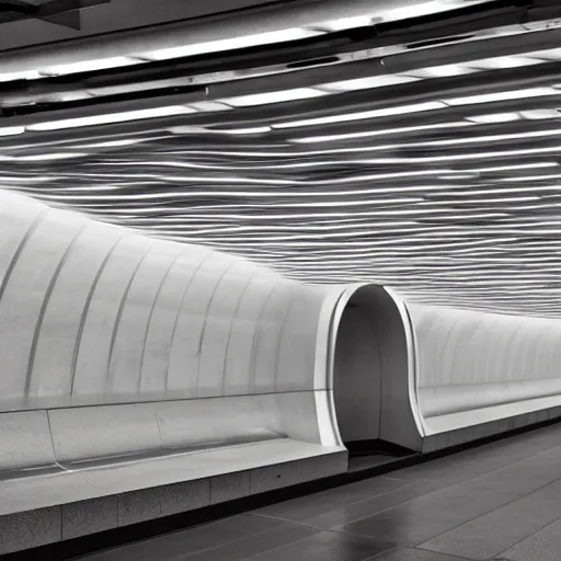 Image similar to an underground New York City subway station platform designed by Zaha Hadid