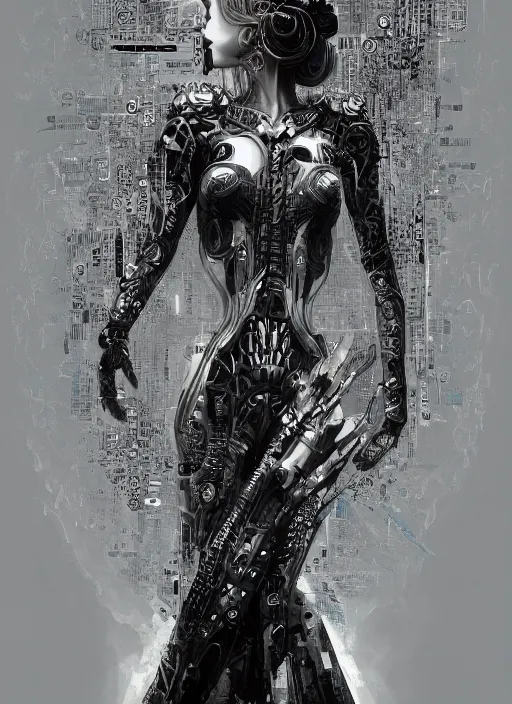 Prompt: portrait of a standing arrogant android goddess, shaman, sword, evening, dark, intricate, very detailed, science-fiction, trending on artstation, Nekro, Russ Mills, Taiyo Matsumoto