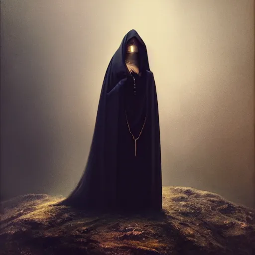 Image similar to a portrait of a young woman wearing a long dark cloak, hood and shadows covering face, holding golden chains, oil painting, matte painting, black background, Volumetric Golden dappled dynamic lighting, Highly Detailed, Cinematic Lighting, Unreal Engine, 8k, HD, by Beksinski