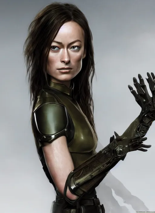 Image similar to a Photorealistic dramatic hyperrealistic render of a young Olivia Wilde, clothed in military armor, olive skin, long dark hair, beautiful bone structure, symmetrical facial features, intricate, elegant, Beautiful dynamic dramatic dark moody lighting, shadows, cinematic atmosphere, Artstation, concept art, Octane render, 8K