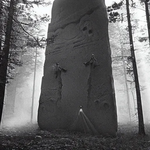 Image similar to old photograph of aliens surrounding a giant alien monolith in a haunted forest, epic composition