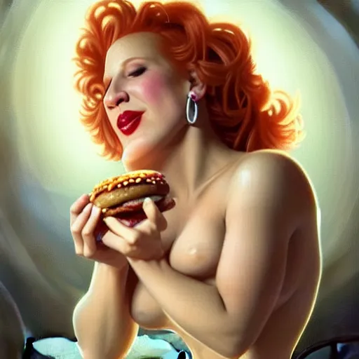 Image similar to portrait of bette midler eating hamburgers, extra onions and ketchup, luscious patty with sesame seeds, feminine ethereal, handsome, d & d, fantasy, intricate, elegant, highly detailed, digital painting, artstation, concept art, matte, sharp focus, illustration, art by artgerm and greg rutkowski and alphonse mucha