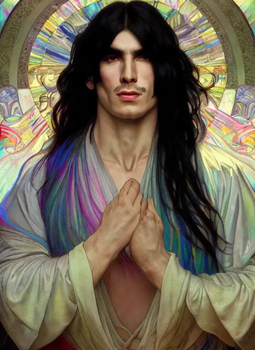 Image similar to a muscular man with long black hair and pale skin. he is wearing a white royal robe. i'm the background, rainbow colors swirl around him. chromatic light. portrait painting by artgerm and greg rutkowski and alphonse mucha.