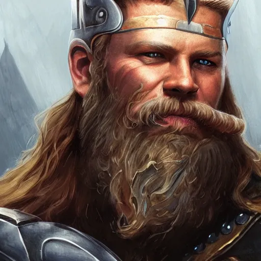 Image similar to viking looking thor, d & d, fantasy, portrait, highly detailed, headshot, digital painting, trending on artstation, concept art, sharp focus, illustration, art by artgerm and greg rutkowski and magali villeneuve