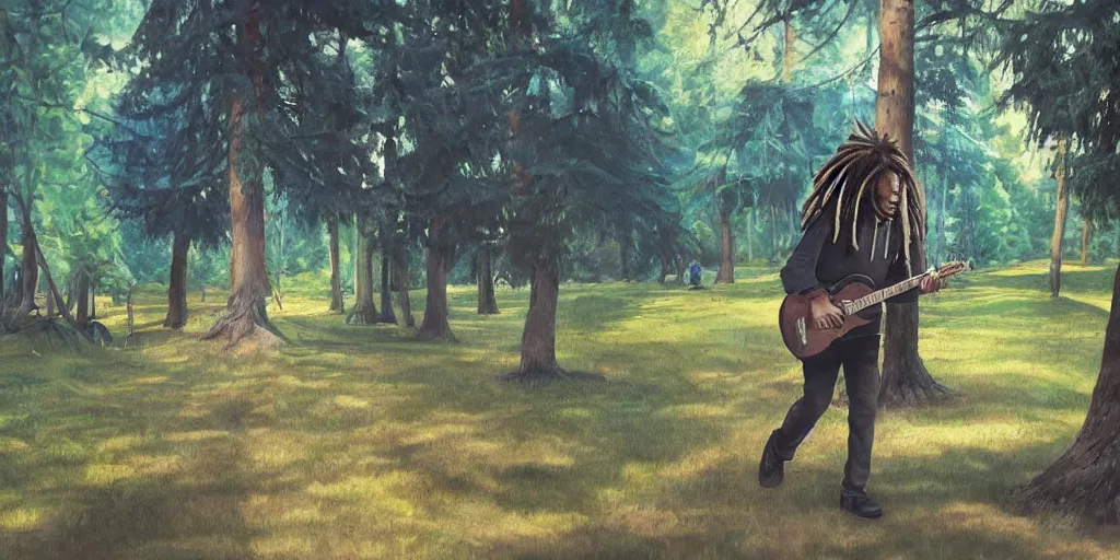 Image similar to side shot of a man with dreadlocks walking while playing the guitar with trees in the background, beautyful painting, hyperrealistic, animation, concept art