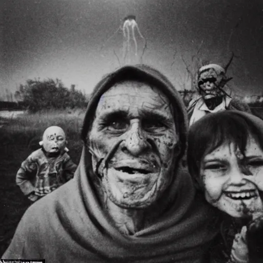 Image similar to selfie of the last surviving ukrainian with children with evil faces, wild pain and damage to the body burns alive to the bone, painted in dirty yellow - blue colors, a huge nuclear explosion is approaching in the background, corpses and skeletons are everywhere, the earth is on fire, smoke and radioactive rain