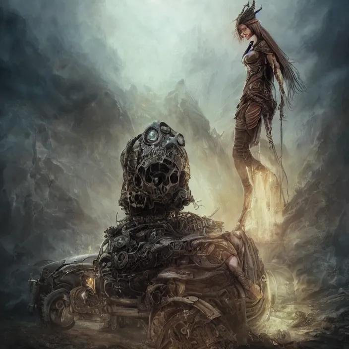 Image similar to beautiful apocalyptic woman in hooded cloak, standing on mad max panzer tank, hyper-detailed, smooth, sharp focus, 4k ultra hd, fantasy dark art, tank girl, artgerm, artstation, octane render, detailed digital painting, apocalyptic art, peter mohrbacher, Francis bacon