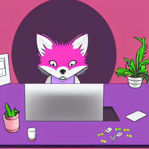 Prompt: Vixus is a light-pink anthropomorphic fox with purple hair and pierced ears. She is hacking a computer. A cup of steaming coffee sits on her desk. Side perspective. Digital art.