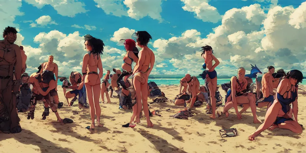 Image similar to Precisely drawn illustration of a small fantasy camp on a beach. Wide angle, Sharp, Fine Details, Anime, Manga, Cyberpunk, realistic shaded lighting, in style of Katsuhiro Otomo, Ghost in the Shell, Magali Villeneuve, Artgerm, Rutkowski, Jeremy Lipkin, Giuseppe Dangelico Pino, Michael Garmash and Rob Rey