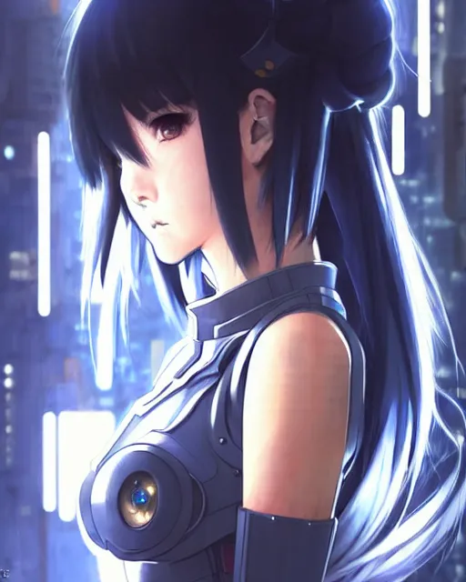 Image similar to portrait Anime Girl in mecha armor in night tokyo Sharp fine face pretty face, realistic shaded Perfect face, fine details. Anime. cyberpunk realistic shaded lighting by katsuhiro otomo ghost-in-the-shell, magali villeneuve, artgerm, rutkowski Jeremy Lipkin and Giuseppe Dangelico Pino and Michael Garmash and Rob Rey