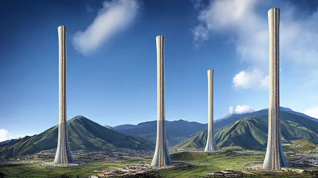 Image similar to Epic Nuclear power towers gracefully over the mountain valley of Quito, Ecuador; by Oswaldo Moncayo and Vincent Callebaut; Art Direction by James Cameron;