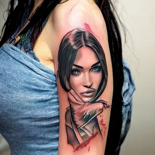 Image similar to tattoo design sketch of megan fox mash up effect with beautiful mountain scenery, in the style of matteo pasqualin, amazing detail