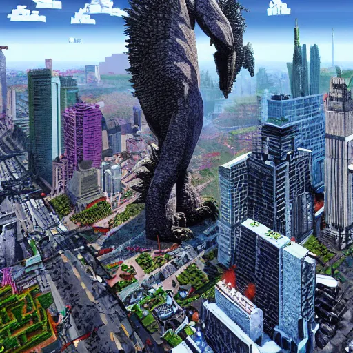 Image similar to a hyper-realistic studio oil-painting of a giant Godzilla destroying new-york in minecraft!!!!!; hyper-detailed; an extraordinary masterpiece!!!; flawless; trending on artstation