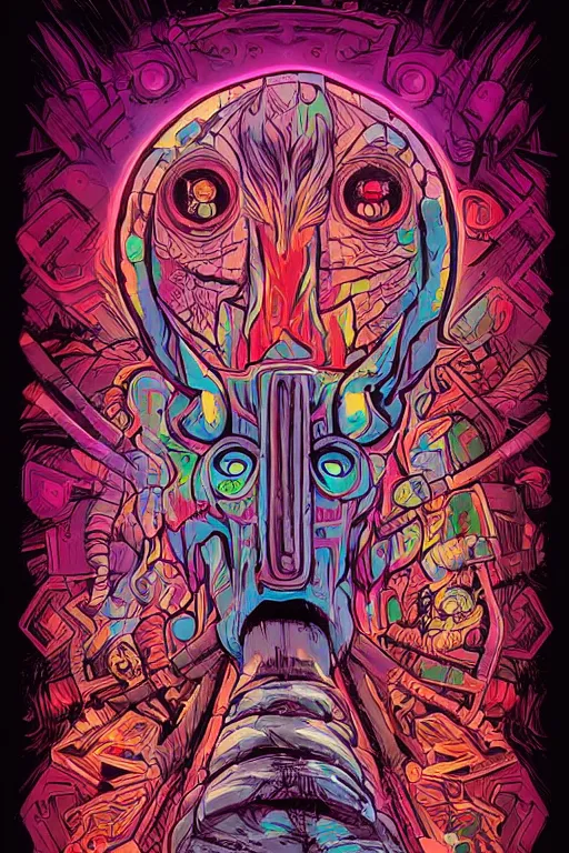 Image similar to totem animal tribal chaman vodoo mask feather gemstone plant wood rock video game illustration vivid color borderlands by josan gonzales and dan mumford radiating a glowing aura