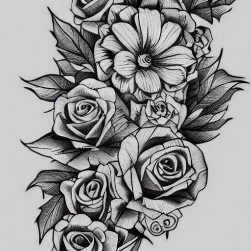 Prompt: photograph of a floral tattoo, black ink line drawing, photo - realistic