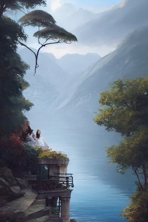 Image similar to Lake Como, elegant, digital painting, highly detailed, artstation, concept art, smooth, sharp focus, illustration, art by artgerm and greg rutkowski.