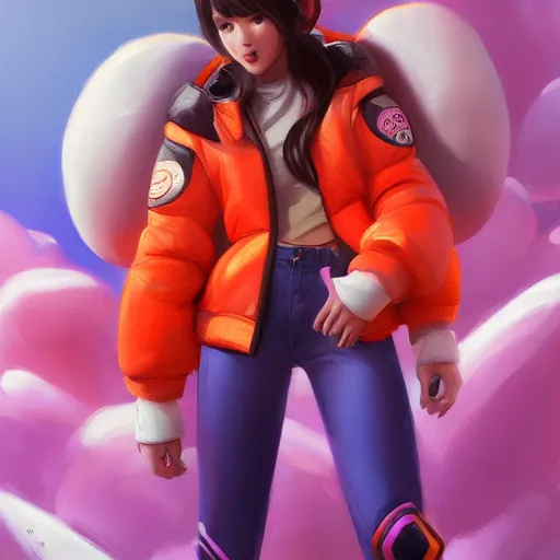 Image similar to magic mushroom, d. va from overwatch wearing orange puffy bomber jacket, craig mullins style