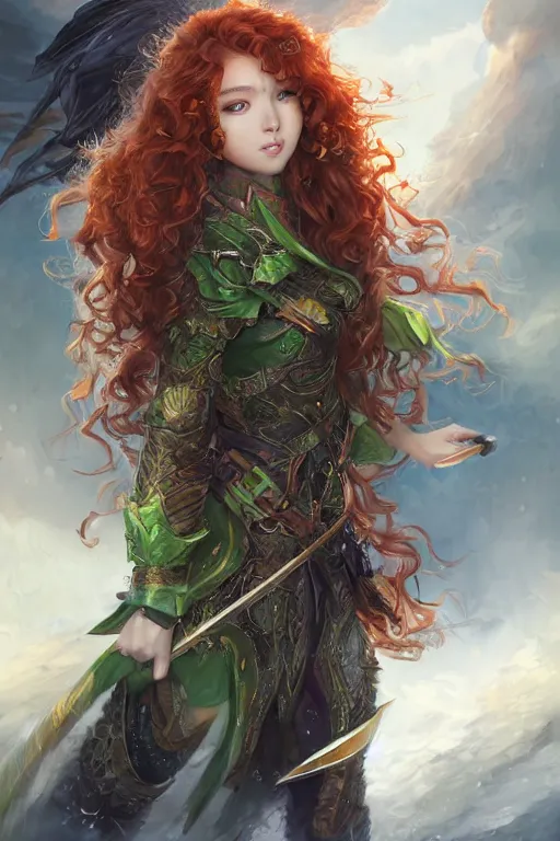 Image similar to A realistic anime portrait of long curly haired redhead female ranger wearing an intricate fantasy ranger outfit, asian facial features, green eyes, digital painting, by Stanley Artgerm Lau, Sakimichan, WLOP and Rossdraws, digtial painting, trending on ArtStation, SFW version