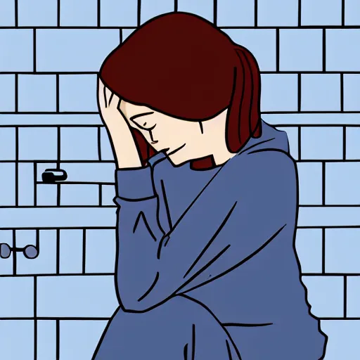 Prompt: a woman hiding sitting in the corner of the bathroom, crying, after being abused by her partner, leaning her arm on the toilet and with the tile walls square, manga style