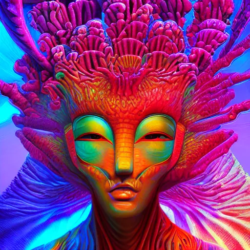 Prompt: Face of a Alien Deity, corals, plume made of geometry, extremly detailed digital painting, sharp focus in the style of android jones, artwork of a futuristic artificial intelligence superstar, mystical colors, rim light, beautiful lighting, 8k, stunning scene, raytracing, octane, under water visual distortion, trending on artstation