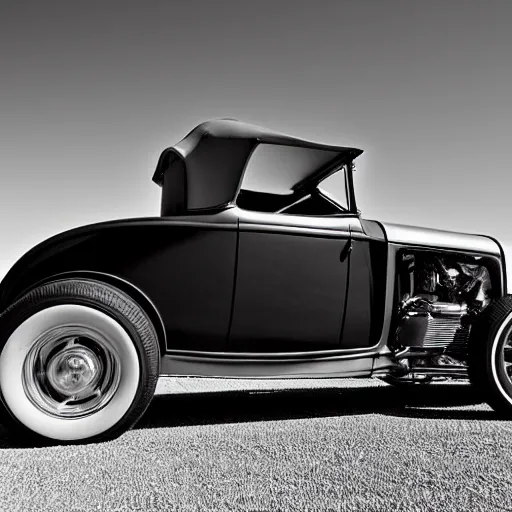 Image similar to a 1 9 3 2 ford roadster on route 6 6. black and white photograph 8 k.