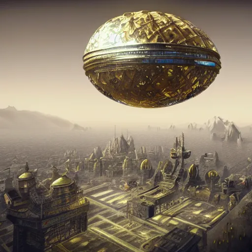 Prompt: enormous flying city in a faberge egg, sky, steampunk, fantasy art, masterpiece, unreal engine, hugh ferriss