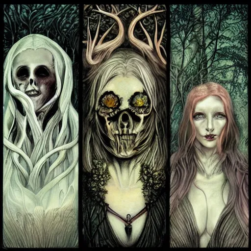 Image similar to an epic horrific wiccan gothic painting of a mother - nature witch cult woman wearing a deer skull, in a moonlit forest by gerald brom by junji ito by vanessa lemen by charlie bowater