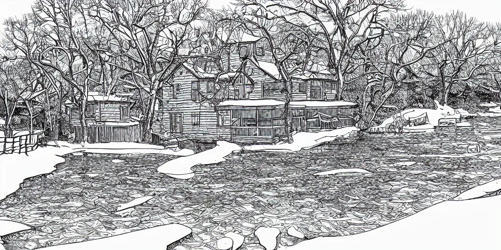 Image similar to line art of a lakehouse in the winter, manga panel, high detail,