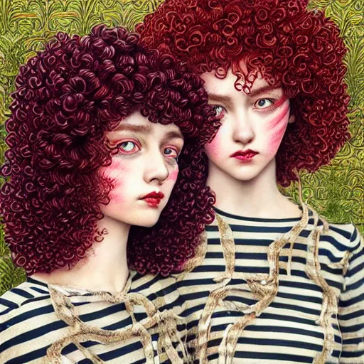 Image similar to red curly haired twins wearing striped clothes:: by Martine Johanna and Chie Yoshii and Casey Weldon:: ornate, dynamic, particulate, pastel colors, intricate, elegant, highly detailed, centered, artstation, smooth, sharp focus, octane render, 3d