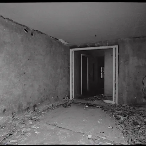 Image similar to 1 9 9 0 s security cam found footage of an abandoned soviet town with a humanoid monster, liminal space, backrooms, scp, film grain, rundown, eerie, dark lighting, 3 5 mm, realistic, photograph