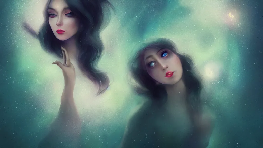 Image similar to whimsical, a beautiful playful woman, wearing professional makeup, standing in a lake, under the stars, with a binary black hole with a ring in the sky, by Lois van Baarle, by Greg Rutkowski, by Ilya Kuvsninov, cinematic angle, face enhance, volumetric lighting, cinematic lighting, digital art, 4k resolution, trending on artstation, masterpiece