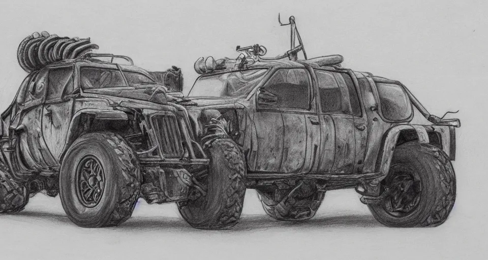 Image similar to graphite drawing of a stylized cartoony fury road car