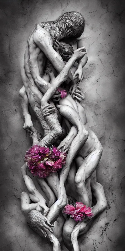 Image similar to a surrealist sculpture human bodies intertwined, a lovely cornucopia of flowers and human body parts, body parts, paint pour, swirling paint colors, black and white photography, desaturated, highly detailed, octane render, cinematic