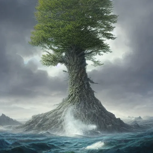 Prompt: a hyperdetailed matte painting of a german romantic tree emerging from an oceanographic landscape, magic realism painting, trending on artstation