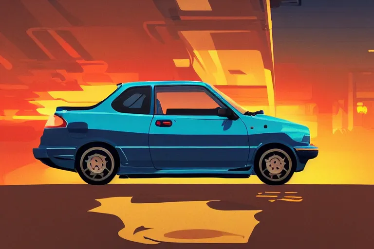 Image similar to digital illustration of nissan micra super turbo, by makoto shinkai, ilya kuvshinov, lois van baarle, rossdraws, basquiat