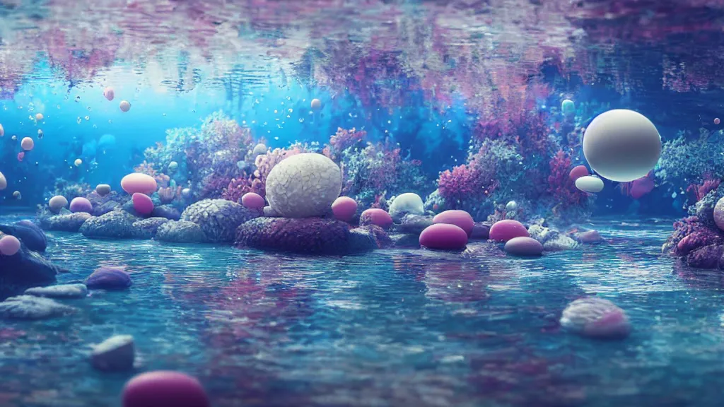 Prompt: ultra realist and ultra intricate detailed soft painting of an underwater environment, trasnslucid eggs, bubbles, elegant, reflections, focus, award winning, trending in cgsociety artstation deviant art, octane render, by Beeple