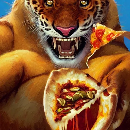 Image similar to portrait of tony the tiger opening his mouth to eat pizza, highly detailed, digital painting, artstation, concept art, sharp focus, illustration, art by artgerm and greg rutkowski and alphonse mucha