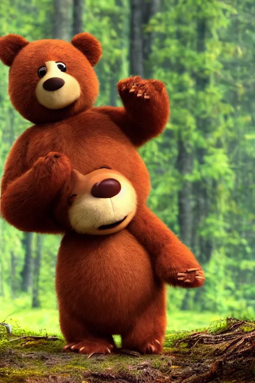 Image similar to cinematic shot of a cute anthropomorphic bear standing in the forest with his hands on his waist by greg rutowski and his face by pixar with a warm smile and big green eyes,, 8 k, masterpiece